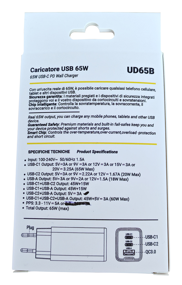 65W GAN USB Charger PD 2 USB-C + 1 USB-A Black