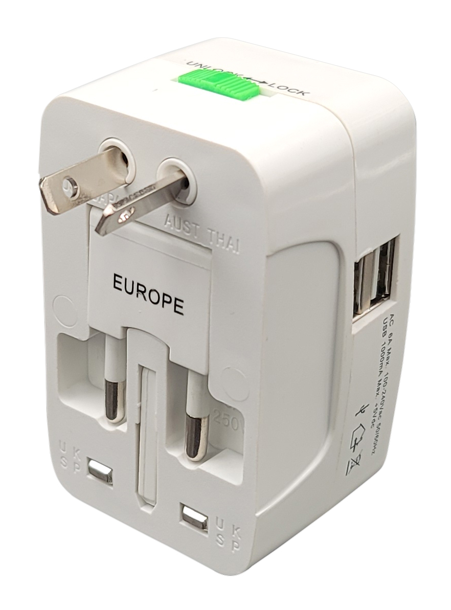 Adattatore da viaggio europa-regno unito-usa con 2 USB, Mod. MK-931L