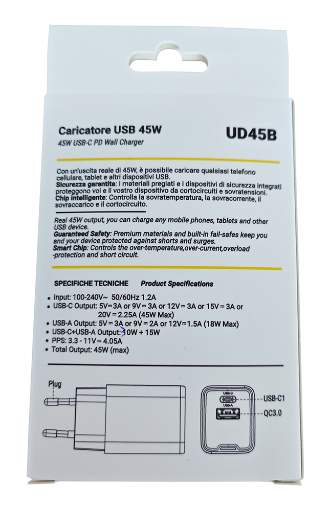 GAN USB Charger 45W PD 1 USB-C + 1 USB-A Black