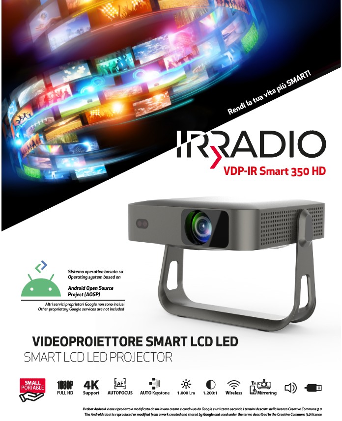 VDP-IR Smart 350 HD  - Videoproiettore Smart da 350 ANSI, Full HD 1080p con supporto 4K e sistema operativo Android 12 OS