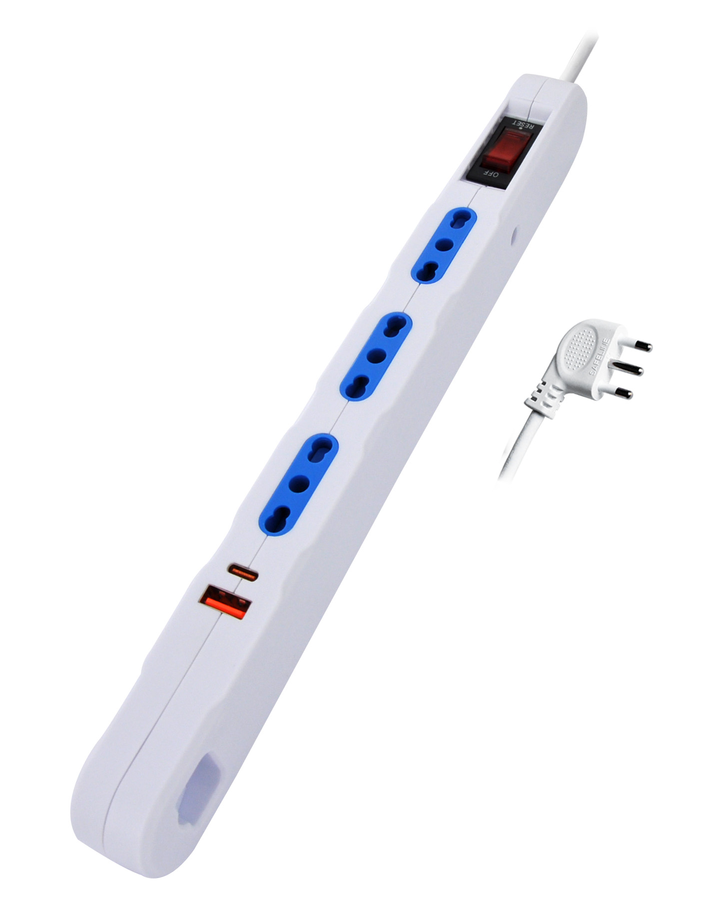 MK2207 - Multipresa piatta salvaspazio SLIM90 con interruttore, 3 prese bipasso 10/16A + 1 USB-A e 1 USB-C ricarica rapida integrata, spina 10A 2P+T, cavo 1,5mt