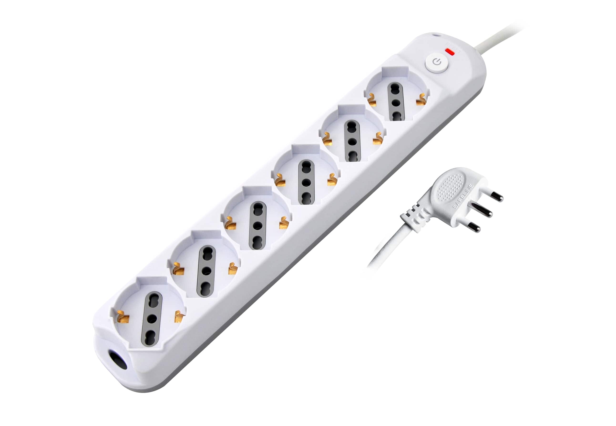 MK3526 - Multipresa bianca con pulsante, 6 posizioni schuko bipasso 10/16A, spina 90° 16A 2P+T cavo 1,5mt