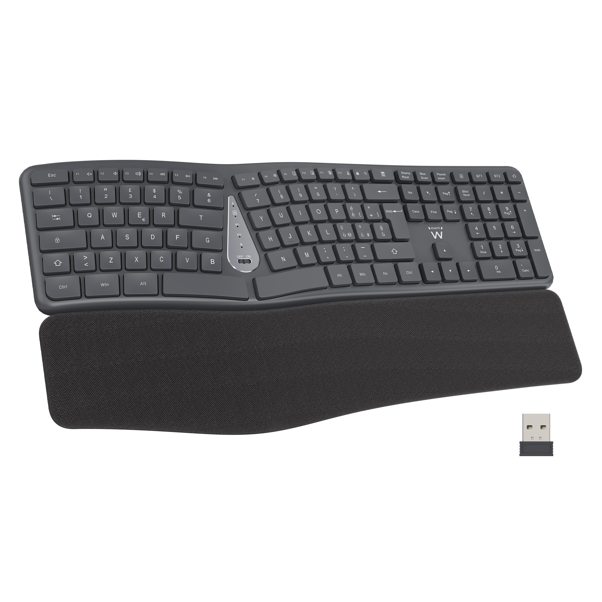 EW3288 - Multimodal ergonomic wireless keyboard 2.4 GHz Bluetooth BT1 5.0 + BT2 3.0 116+12 multimedia keys USB-A receiver 300 mAh rechargeable lithium battery Energy saving 456x230x53.2 mm Black IT layout