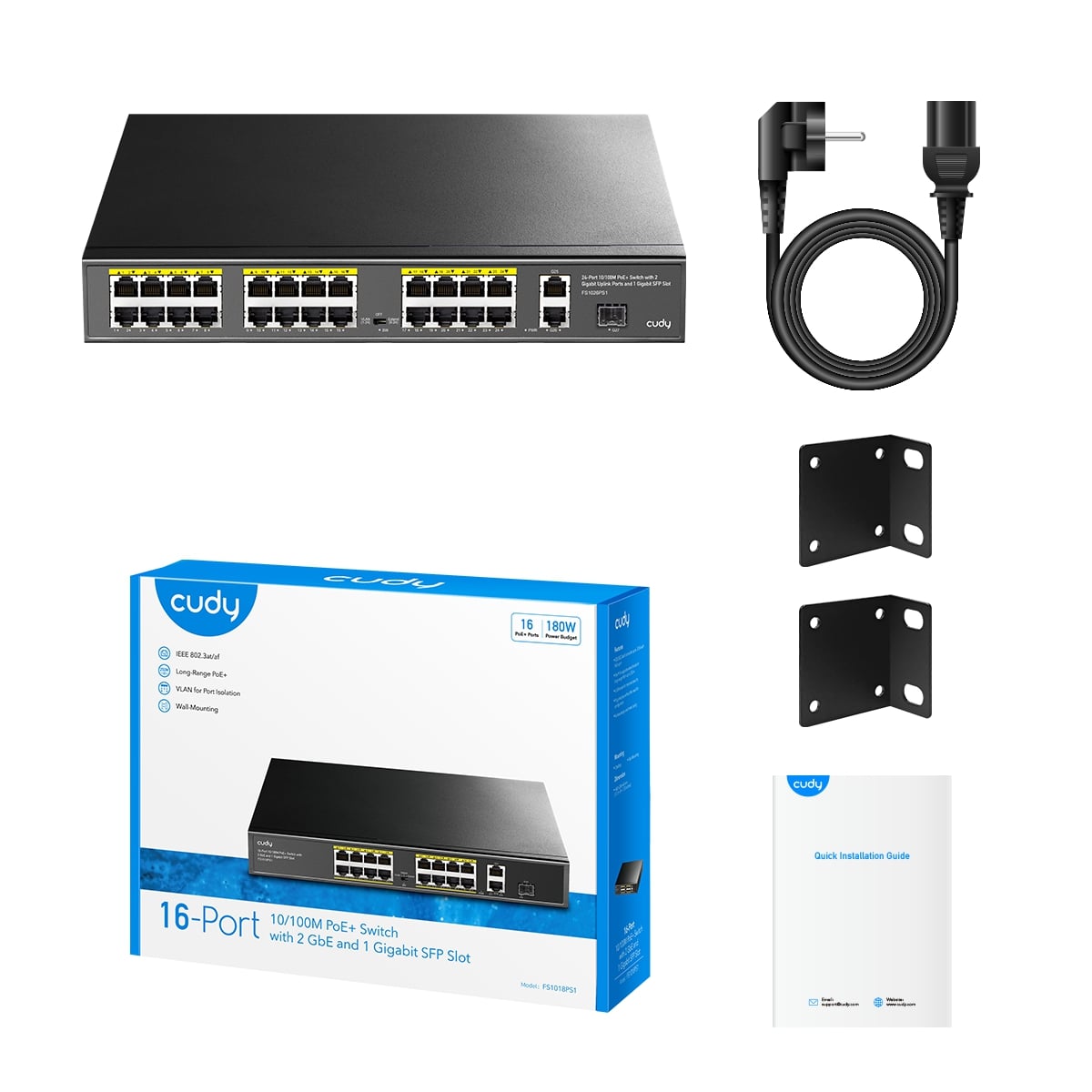 FS1018PS1 - 16-Port 10/100M PoE+ Switch with 2 Gigabit Uplink and 1 SFP Port 200W