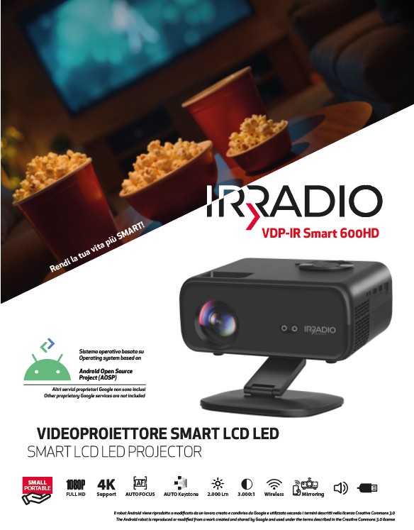 VDP-IR Smart 600HD  - Videoproiettore Smart da 600 ANS, Full HD 1080p con supporto 4K e sistema operativo Android 12 OS