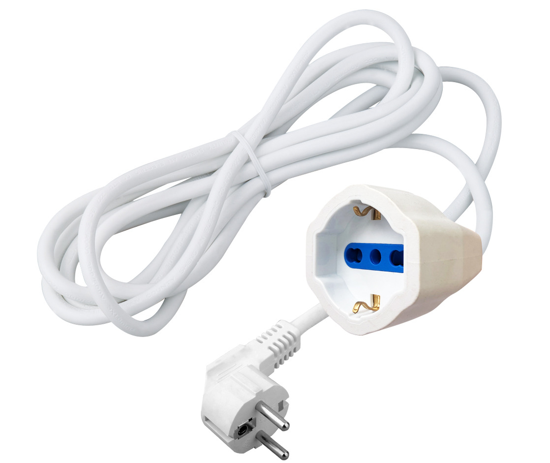MK1124-3m - Prolunga elettrica bianca spina schuko salvaspazio 90° presa schuko bipasso 10/16A 3mt