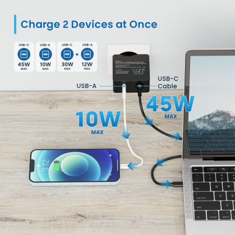 Caricatore per notebook da parete USB tipo C e 1 porta USB-A con PD 45W EW3979