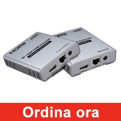 Kit estensore HDMI (TX+RX), Versione HDMI 1.4b. Risoluzione fino a 4K UHD 30Hz fino 120mt. Funzione di collegamento in cascata di più ricevitori.