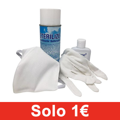 KIT ufficio 5 mascherine 5 paia guanti cotone 1 Gel mani 1 spray disinfettante